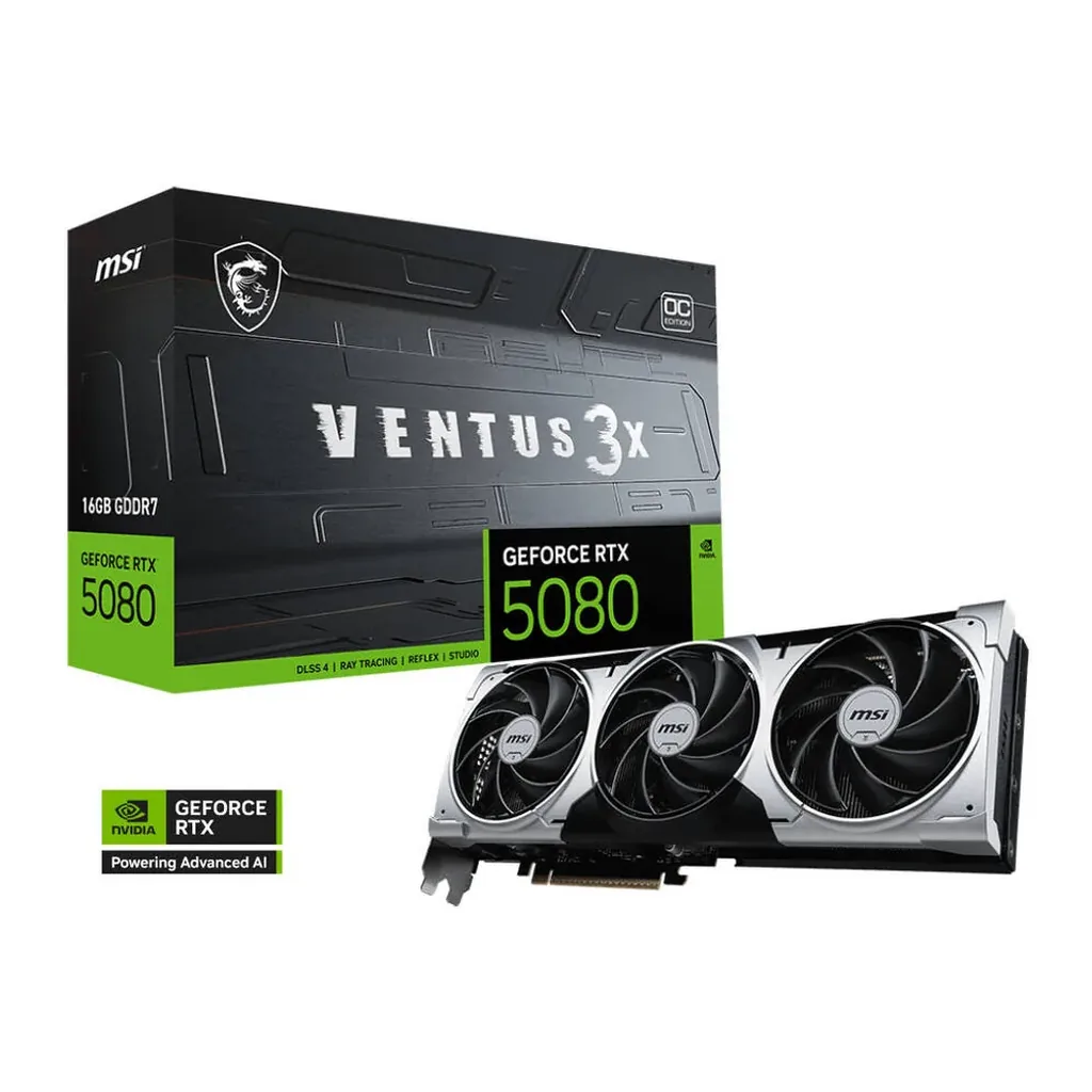 MSI GeForce RTX 5080 16G Ventus 3X OC Plus Graphic Card, 16GB GDDR7 256-bit Memory, 2640 MHz Boost Clock, 30 Gbps Memory Speed, 10752 CUDA Cores, PCI – Main image MSI GeForce RTX 5080 16G Ventus 3X OC Plus Graphic Card, 16GB GDDR7 256-bit Memory, 2640 MHz Boost Clock, 30 Gbps Memory Speed, 10752 CUDA Cores, PCI – Main image
