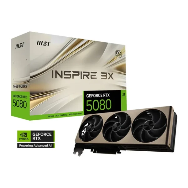 MSI GeForce RTX 5080 INSPIRE 3X OC Graphics Card, 16GB GDDR7 256-Bit Memory, 2640 MHz Boost Clock, 10752 CUDA Cores, 30 Gbps Memory Speed, PCI Express – Main image MSI GeForce RTX 5080 INSPIRE 3X OC Graphics Card, 16GB GDDR7 256-Bit Memory, 2640 MHz Boost Clock, 10752 CUDA Cores, 30 Gbps Memory Speed, PCI Express – Main image