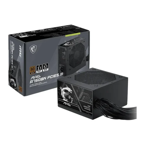 MSI MAG A750BN PCIE5 III ATX Power Supply, 750W, 80 Plus Bronze, Non-Modular, ATX 3.1, PCIe 5.1 12V-2x6 450W, DC-to-DC, 120mm HB Fan, OVP/OCP/SCP/OPP/UVP, Active PFC, Black | 306-7ZPTX18-HD8 – Main image MSI MAG A750BN PCIE5 III ATX Power Supply, 750W, 80 Plus Bronze, Non-Modular, ATX 3.1, PCIe 5.1 12V-2x6 450W, DC-to-DC, 120mm HB Fan, OVP/OCP/SCP/OPP/UVP, Active PFC, Black | 306-7ZPTX18-HD8 – Main image