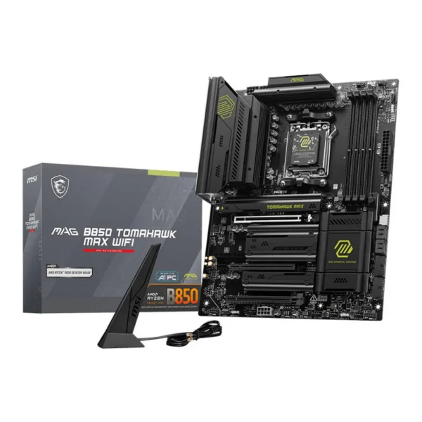 MSI MAG B850 TOMAHAWK MAX WIFI AM5 ATX Motherboard, AMD B850 Chipset, 4x DDR5 UDIMM Slots, Up to 256GB Max Memory, 3x PCI-E x16 Slots, 4x M.2 Slots, Wi-Fi 7 & Bluetooth 5.4 | 911-7E62-002 – Main image MSI MAG B850 TOMAHAWK MAX WIFI AM5 ATX Motherboard, AMD B850 Chipset, 4x DDR5 UDIMM Slots, Up to 256GB Max Memory, 3x PCI-E x16 Slots, 4x M.2 Slots, Wi-Fi 7 & Bluetooth 5.4 | 911-7E62-002 – Main image