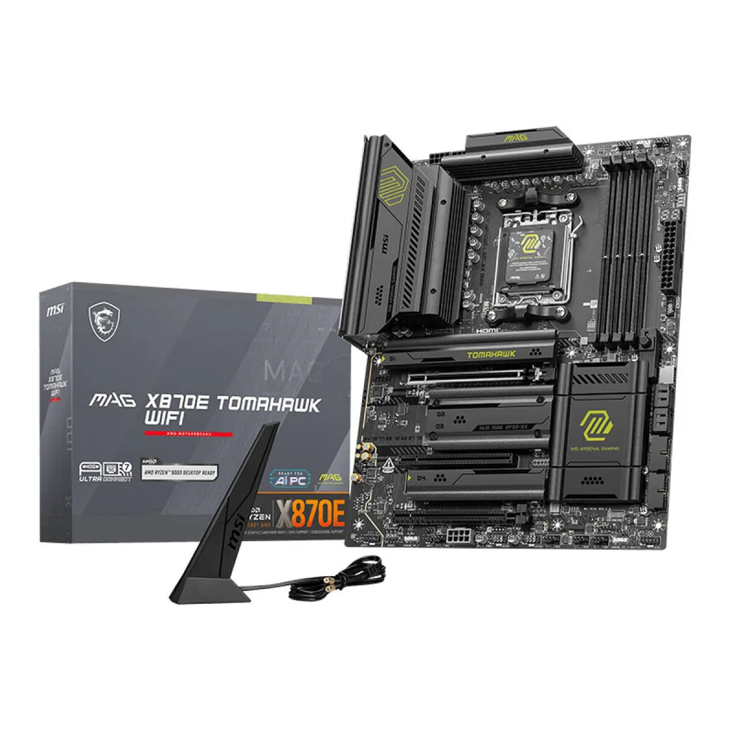 MSI MAG X870E Tomahawk WiFi AM5 ATX Motherboard, AMD X870E Chipset, 4x DDR5 UDIMM Slots, Up to 256GB Max Memory, 3x PCI-E x16 Slots, 4x M.2 Storage, WiFi & BT Connectivity | 911-7E59-006 – Main image MSI MAG X870E Tomahawk WiFi AM5 ATX Motherboard, AMD X870E Chipset, 4x DDR5 UDIMM Slots, Up to 256GB Max Memory, 3x PCI-E x16 Slots, 4x M.2 Storage, WiFi & BT Connectivity | 911-7E59-006 – Main image