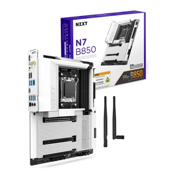 NZXT N7 B850 AM5 ATX Motherboard, AMD B850 Chipset, 4x DDR5 DIMM Slots, Up to 192GB Max Memory, 1x PCIe 5.0 x16 Slots, 3x M.2 Slots, White | N7-B85XT-W1 – Main image NZXT N7 B850 AM5 ATX Motherboard, AMD B850 Chipset, 4x DDR5 DIMM Slots, Up to 192GB Max Memory, 1x PCIe 5.0 x16 Slots, 3x M.2 Slots, White | N7-B85XT-W1 – Main image
