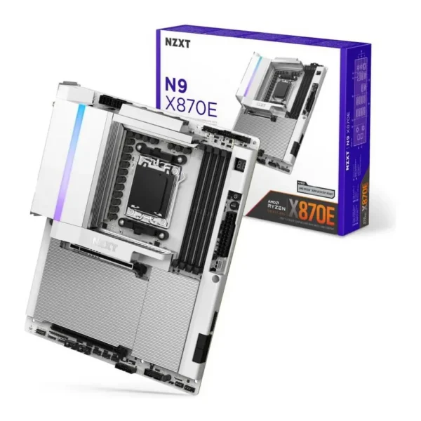 NZXT N9 X870E AM5 ATX Motherboard, AMD X870E Chipset, 4x DDR5 DIMM Slots, Up to 192GB Max Memory, 1x PCIe 5.0 x16 Slots, 4x M.2 Slots, White | N9-X87XT-W1 – Main image NZXT N9 X870E AM5 ATX Motherboard, AMD X870E Chipset, 4x DDR5 DIMM Slots, Up to 192GB Max Memory, 1x PCIe 5.0 x16 Slots, 4x M.2 Slots, White | N9-X87XT-W1 – Main image