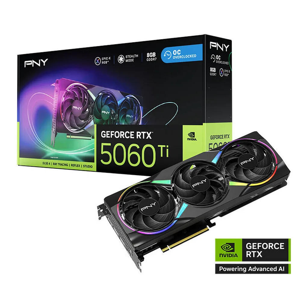 PNY GeForce RTX 5060 Ti 8GB EPIC-X RGB Overclocked Triple Fan Graphics Card, 8GB GDDR7 128-Bit Memory, 2407MHz Clock Speed, 4608 CUDA Cores, 8x PCI-Ex – Main image PNY GeForce RTX 5060 Ti 8GB EPIC-X RGB Overclocked Triple Fan Graphics Card, 8GB GDDR7 128-Bit Memory, 2407MHz Clock Speed, 4608 CUDA Cores, 8x PCI-Ex – Main image