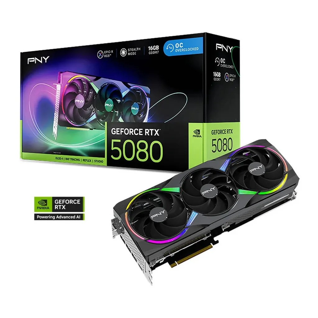 PNY GeForce RTX 5080 ARGB EPIC-X RGB OC Graphics Card, 16GB GDDR7 256-Bit Memory, 2.78 GHz Boost Clock, 30 Gbps Memory Speed, 10752 CUDA Cores, PCI-Ex – Main image PNY GeForce RTX 5080 ARGB EPIC-X RGB OC Graphics Card, 16GB GDDR7 256-Bit Memory, 2.78 GHz Boost Clock, 30 Gbps Memory Speed, 10752 CUDA Cores, PCI-Ex – Main image