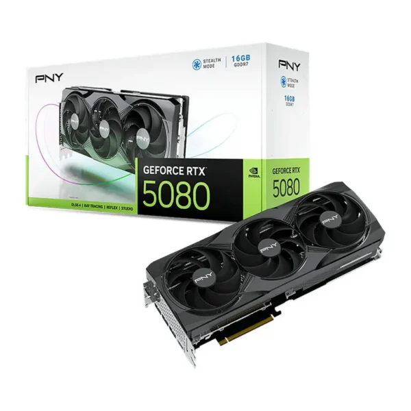 PNY GeForce RTX 5080 Triple Fan Graphics Card, 16GB GDDR7 256-Bit Memory, 2.62 GHz Boost Clock, 10752 CUDA Cores, 30 Gbps Memory Speed, PCI-Express 5. – Main image PNY GeForce RTX 5080 Triple Fan Graphics Card, 16GB GDDR7 256-Bit Memory, 2.62 GHz Boost Clock, 10752 CUDA Cores, 30 Gbps Memory Speed, PCI-Express 5. – Main image