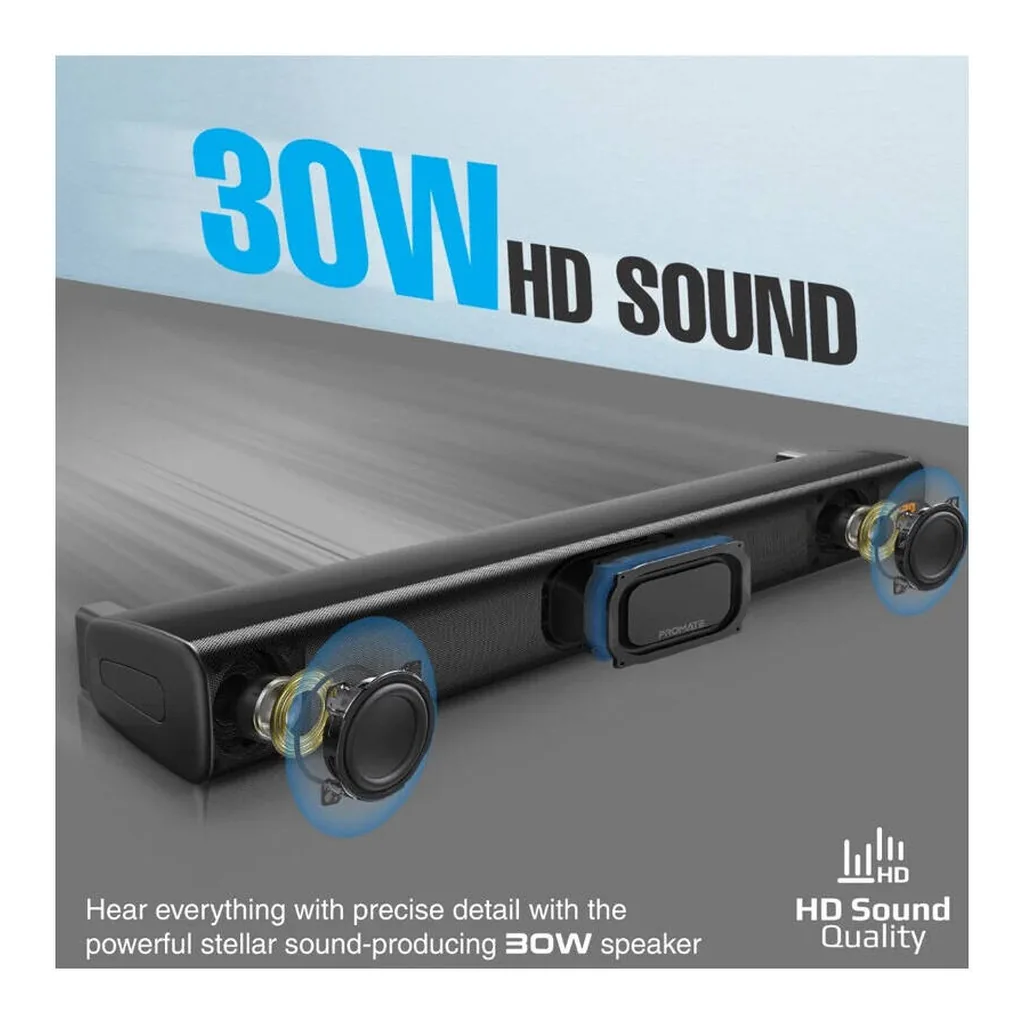 Promate StreamBar-30 30W BassBoost Soundbar, 10W Subwoofer, Bluetooth 5.0, HDMI, Optical & AUX Input, USB MP3/WAV Support, Wireless Audio Speaker with Remote Control, Black | STREAMBAR-30 – Gallery image 3 Promate StreamBar-30 30W BassBoost Soundbar, 10W Subwoofer, Bluetooth 5.0, HDMI, Optical & AUX Input, USB MP3/WAV Support, Wireless Audio Speaker with Remote Control, Black | STREAMBAR-30 – Gallery image 3