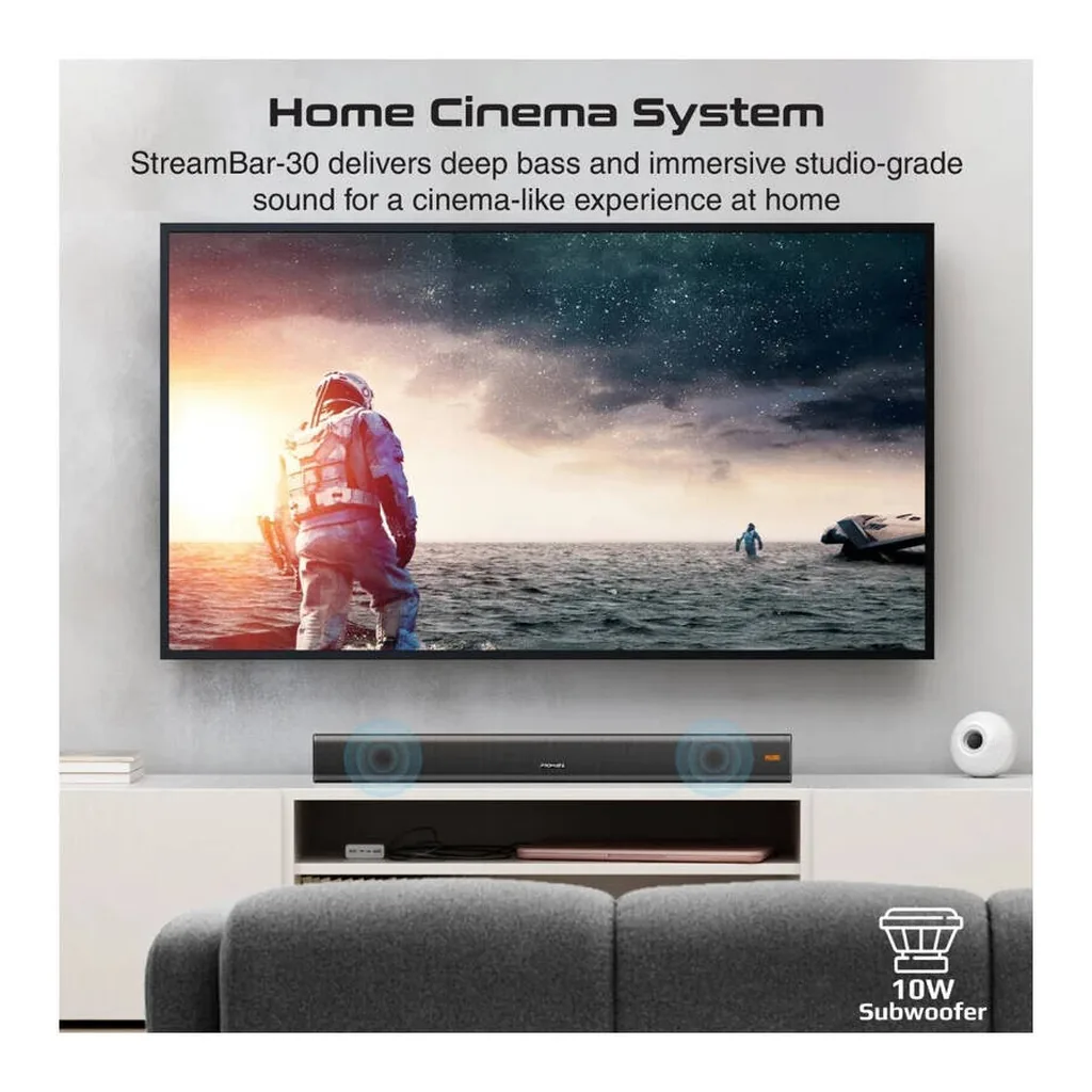 Promate StreamBar-30 30W BassBoost Soundbar, 10W Subwoofer, Bluetooth 5.0, HDMI, Optical & AUX Input, USB MP3/WAV Support, Wireless Audio Speaker with Remote Control, Black | STREAMBAR-30 – Gallery image 4 Promate StreamBar-30 30W BassBoost Soundbar, 10W Subwoofer, Bluetooth 5.0, HDMI, Optical & AUX Input, USB MP3/WAV Support, Wireless Audio Speaker with Remote Control, Black | STREAMBAR-30 – Gallery image 4