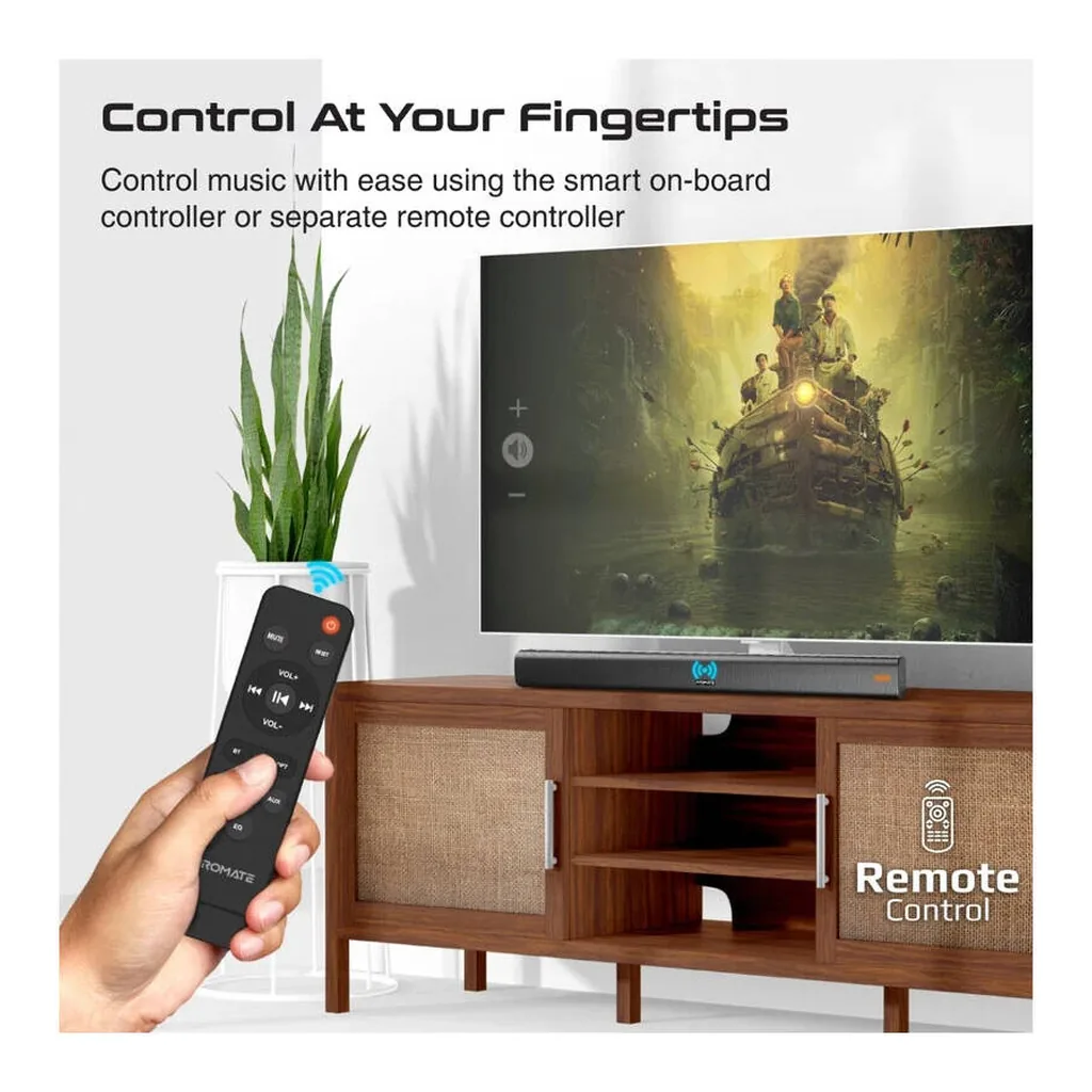 Promate StreamBar-30 30W BassBoost Soundbar, 10W Subwoofer, Bluetooth 5.0, HDMI, Optical & AUX Input, USB MP3/WAV Support, Wireless Audio Speaker with Remote Control, Black | STREAMBAR-30 – Gallery image 5 Promate StreamBar-30 30W BassBoost Soundbar, 10W Subwoofer, Bluetooth 5.0, HDMI, Optical & AUX Input, USB MP3/WAV Support, Wireless Audio Speaker with Remote Control, Black | STREAMBAR-30 – Gallery image 5