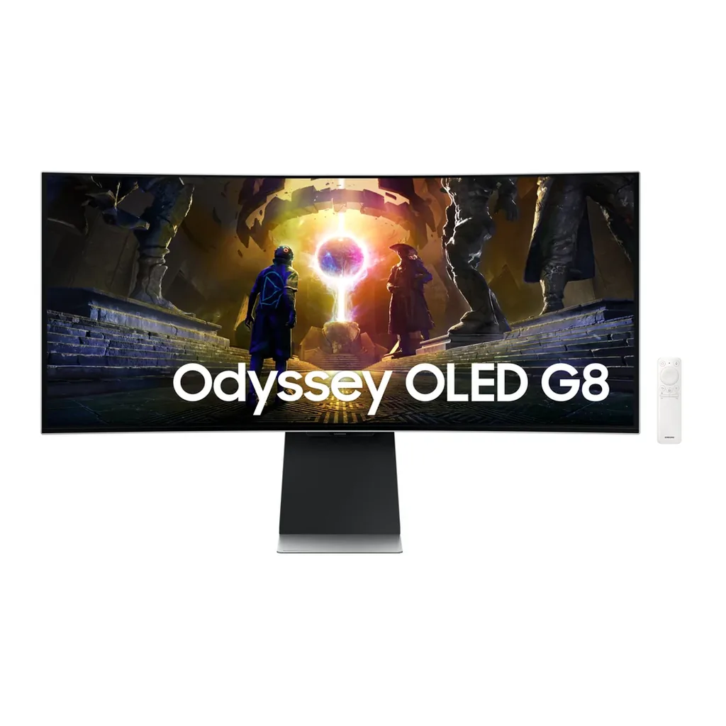 Samsung LS34DG856SNXZA — product view 1 Samsung LS34DG856SNXZA monitor — Odyssey OLED G8 G85SD Ultra WQHD 175Hz Gaming Monitor Silver