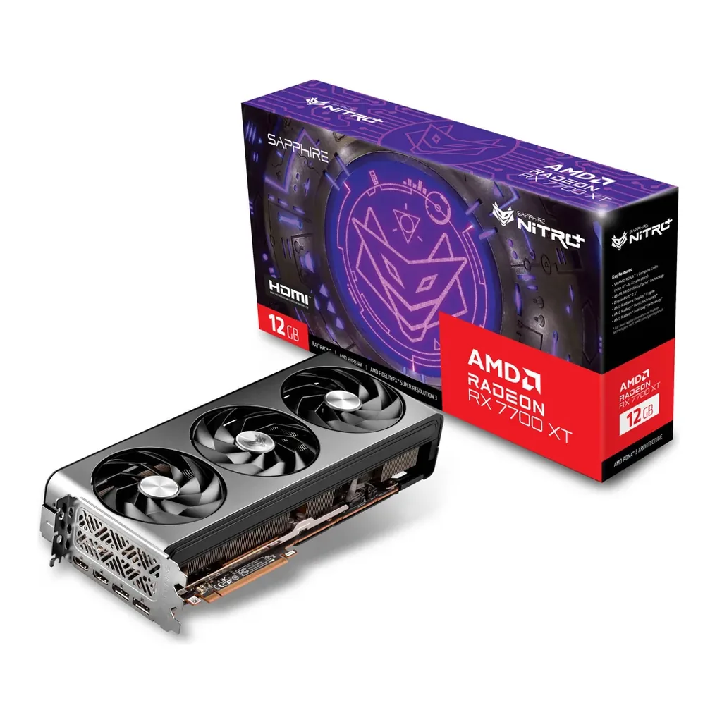 SAPPHIRE NITRO+ AMD Radeon RX 7700 XT Gaming Graphics Card, 12GB DDR6 192 bit Memory, 2599 MHz Boost Clock, 18 Gbps Memory Clock, AMD RDNA 3, PCI E 4.0, 2x HDMI 2x DP | 11335-02-20G – Main image SAPPHIRE NITRO+ AMD Radeon RX 7700 XT Gaming Graphics Card, 12GB DDR6 192 bit Memory, 2599 MHz Boost Clock, 18 Gbps Memory Clock, AMD RDNA 3, PCI E 4.0, 2x HDMI 2x DP | 11335-02-20G – Main image