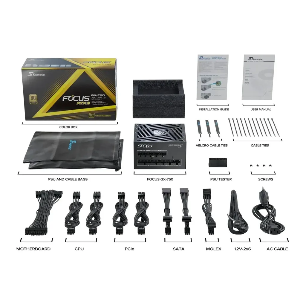Seasonic FOCUS GX ATX 3.1 Fully Modular Power Supply, 750W Power, 80 PLUS Gold Efficiency, 135mm Fluid Dynamic Bearing Type, ATX/EPS Form Factor, Black | SRP-FGX751-A5A32SF – Gallery image 1 Seasonic FOCUS GX ATX 3.1 Fully Modular Power Supply, 750W Power, 80 PLUS Gold Efficiency, 135mm Fluid Dynamic Bearing Type, ATX/EPS Form Factor, Black | SRP-FGX751-A5A32SF – Gallery image 1
