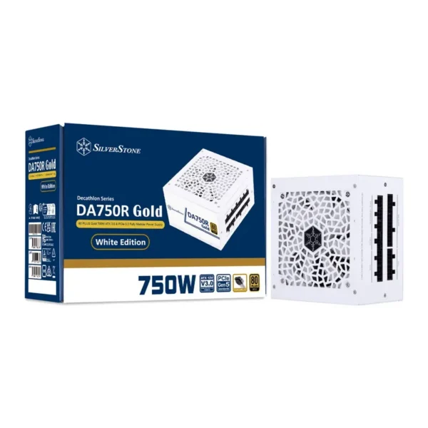 SilverStone DA750R Gold Fully Modular Power Supply, 80 PLUS Gold, 750W ATX 3.0 & PCIe 5.0, Active PFC, Silent 120mm FDB Fan, Japanese Capacitors, White | SST-DA750R-GMA-WWW – Main image SilverStone DA750R Gold Fully Modular Power Supply, 80 PLUS Gold, 750W ATX 3.0 & PCIe 5.0, Active PFC, Silent 120mm FDB Fan, Japanese Capacitors, White | SST-DA750R-GMA-WWW – Main image
