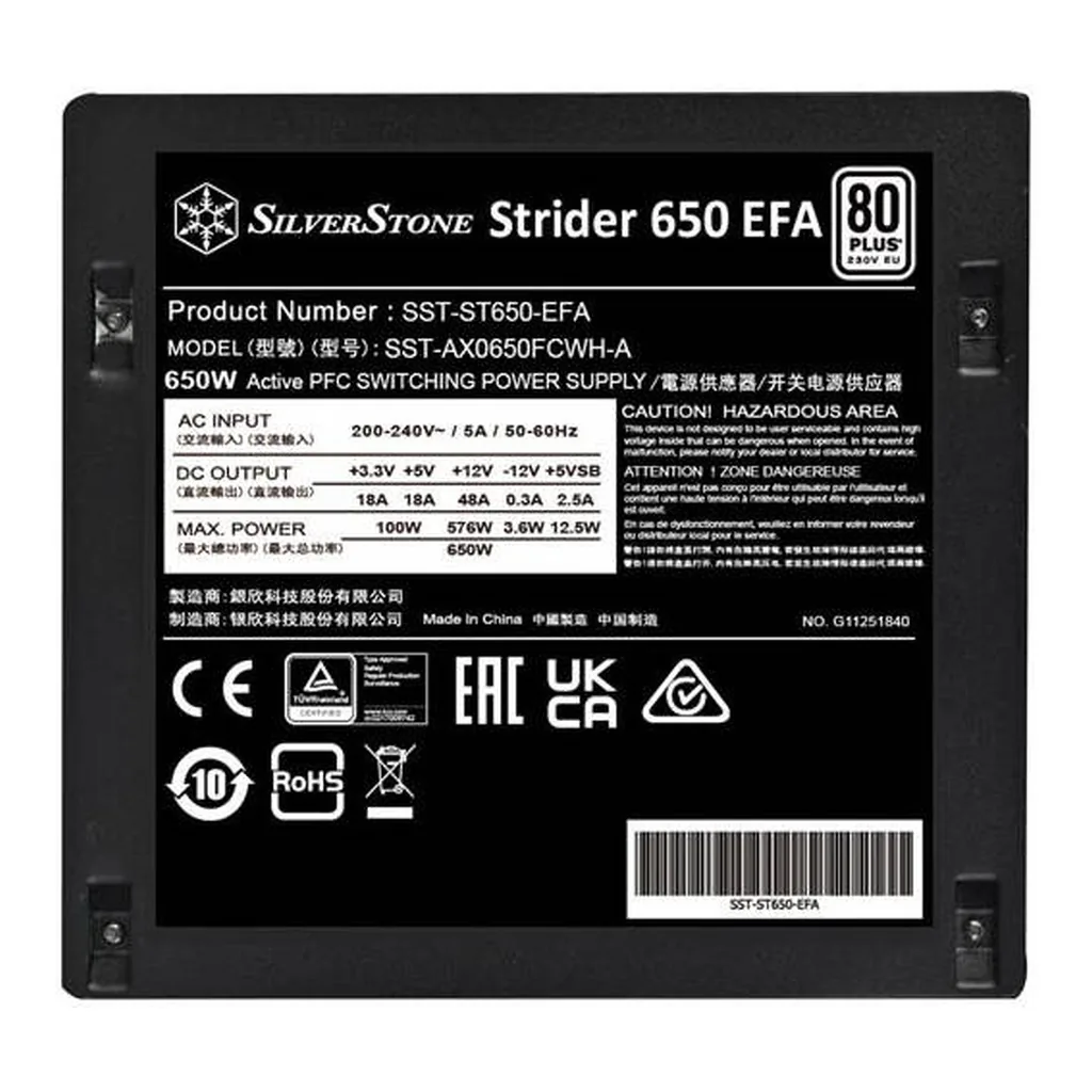 SilverStone Strider 650 EFA Non Modular Power Supply, 650W Power, 80 Plus Efficiency, Active PFC, 120mm Silent Fan, ATX (PS2) Form, 18 dBA Noise Level, 100,000 Hours MTBF, Black | SST-ST650-EFA – Gallery image 6 SilverStone Strider 650 EFA Non Modular Power Supply, 650W Power, 80 Plus Efficiency, Active PFC, 120mm Silent Fan, ATX (PS2) Form, 18 dBA Noise Level, 100,000 Hours MTBF, Black | SST-ST650-EFA – Gallery image 6