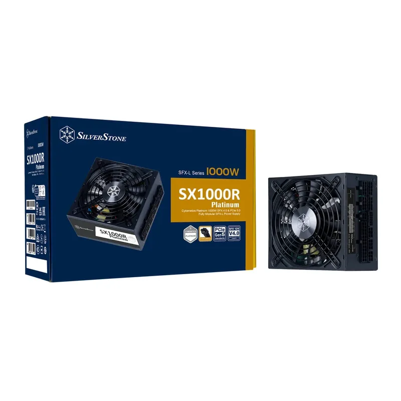 SilverStone SX1000R Platinum Full-Modular Power Supply, 1000W Power, Cybernetics Platinum, Active PFC, 12VHPWR PCIe Connector, Silent Running 120mm Dual Ball Bearing Fan, Black | SST-SX1000R-PL – Main image SilverStone SX1000R Platinum Full-Modular Power Supply, 1000W Power, Cybernetics Platinum, Active PFC, 12VHPWR PCIe Connector, Silent Running 120mm Dual Ball Bearing Fan, Black | SST-SX1000R-PL – Main image