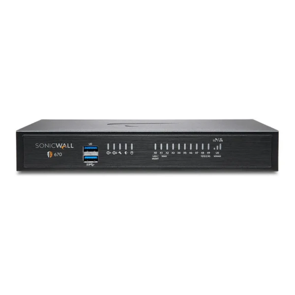 SonicWall TZ670 Network Security Appliance, 8x1GbE, 2x10G SFP+, 2 USB 3.0, 1 Console Interfaces, Up to 5 Gbps Firewall Inspection Throughput, 1,500,000 Max Connections, Black | 02-SSC-2837 – Main image SonicWall TZ670 Network Security Appliance, 8x1GbE, 2x10G SFP+, 2 USB 3.0, 1 Console Interfaces, Up to 5 Gbps Firewall Inspection Throughput, 1,500,000 Max Connections, Black | 02-SSC-2837 – Main image