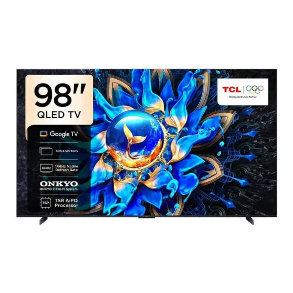 TCL 98T8C Google Television, 98" 4K QLED Display, AiPQ Pro Processor, 144Hz Native Refresh Rate, 93% DCI-P3 Color Gamut, ONKYO 2.1 Hi-Fi System, DTS X, Game Master, Black – Main image TCL 98T8C Google Television, 98" 4K QLED Display, AiPQ Pro Processor, 144Hz Native Refresh Rate, 93% DCI-P3 Color Gamut, ONKYO 2.1 Hi-Fi System, DTS X, Game Master, Black – Main image