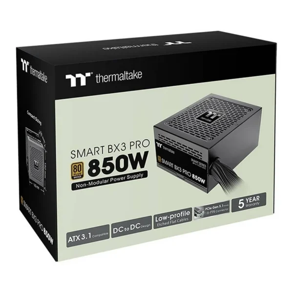 Thermaltake Smart BX3 Pro Power Supply, 850W Power, 80 Plus Bronze, Non-Modular, ATX 3.1, PCIe 5.1 12V-2x6, 120mm FDB Fan, Smart Zero Fan, OCP/OVP/UVP/OPP/SCP/OTP, Black | PS-SPD-0850NNFABK-7 – Main image Thermaltake Smart BX3 Pro Power Supply, 850W Power, 80 Plus Bronze, Non-Modular, ATX 3.1, PCIe 5.1 12V-2x6, 120mm FDB Fan, Smart Zero Fan, OCP/OVP/UVP/OPP/SCP/OTP, Black | PS-SPD-0850NNFABK-7 – Main image