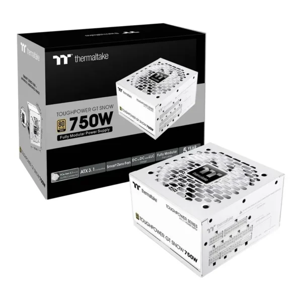 Thermaltake Toughpower GT 750W Fully Modular Power Supply, 80 PLUS Gold Efficiency, Active PFC, 120mm Hydraulic Bearing Fan, PCIe Gen 5.1 Ready, ATX 3.1 Ready, White | PS-TPT-0750FNFAGK-W – Main image Thermaltake Toughpower GT 750W Fully Modular Power Supply, 80 PLUS Gold Efficiency, Active PFC, 120mm Hydraulic Bearing Fan, PCIe Gen 5.1 Ready, ATX 3.1 Ready, White | PS-TPT-0750FNFAGK-W – Main image