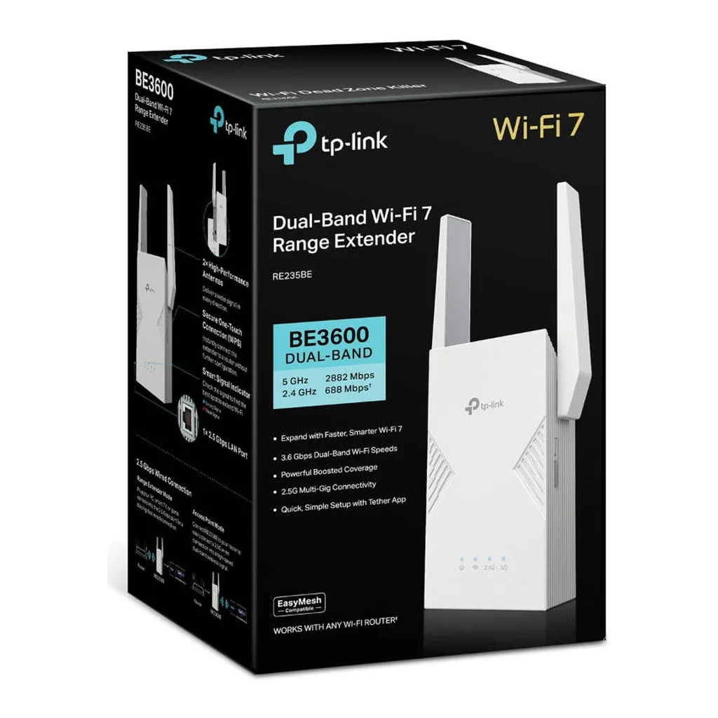 TP-Link Archer RE235BE BE3600 Dual-Band WiFi 7 Range Extender, 3.6Gbps Wireless Signal Booster, Multi-Link Operation (MLO), 2.5Gbps Ethernet Port, 4x External Antennas, White | RE235BE – Gallery image 3 TP-Link Archer RE235BE BE3600 Dual-Band WiFi 7 Range Extender, 3.6Gbps Wireless Signal Booster, Multi-Link Operation (MLO), 2.5Gbps Ethernet Port, 4x External Antennas, White | RE235BE – Gallery image 3