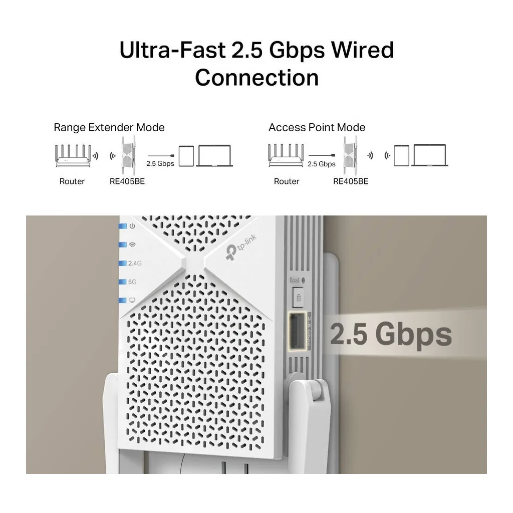 TP-Link Archer RE405BE WiFi 7 Range Extender BE7200, High Performance Dual-Band Signal Booster with 6GHz Ready Architecture, 2.5G Port, MLO Technology and EasyMesh Integration, White | RE405BE – Gallery image 5 TP-Link Archer RE405BE WiFi 7 Range Extender BE7200, High Performance Dual-Band Signal Booster with 6GHz Ready Architecture, 2.5G Port, MLO Technology and EasyMesh Integration, White | RE405BE – Gallery image 5