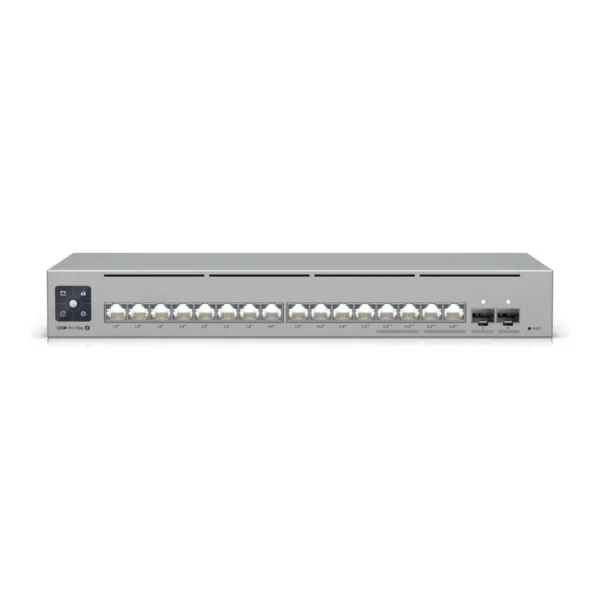 Ubiquiti Switch Pro Max 16 PoE Switch, 84 Gbps Switching Capacity, 64.496 Mpps Forwarding Rate, 1.3" Touch Display, 180W Total PoE Available, Ethernet In-Band, Gray – Main image Ubiquiti Switch Pro Max 16 PoE Switch, 84 Gbps Switching Capacity, 64.496 Mpps Forwarding Rate, 1.3" Touch Display, 180W Total PoE Available, Ethernet In-Band, Gray – Main image