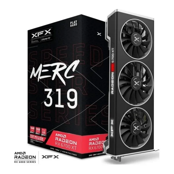 XFX Speedster Merc 319 AMD Radeon RX 6700 XT Black Gaming Graphics Card, 12GB GDDR6 Memory, 192 Bit Bus, 2457MHz, AMD RDNA 2, 16 Gbps, PCI-E 4.0, HDMI, DP | RX-67XTYTBDP. XFX – Main image XFX Speedster Merc 319 AMD Radeon RX 6700 XT Black Gaming Graphics Card, 12GB GDDR6 Memory, 192 Bit Bus, 2457MHz, AMD RDNA 2, 16 Gbps, PCI-E 4.0, HDMI, DP | RX-67XTYTBDP. XFX – Main image