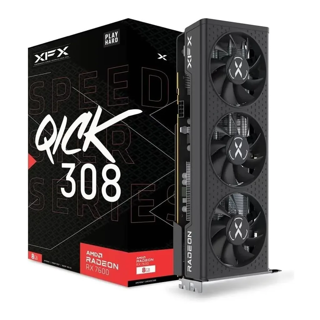 XFX Speedster QICK308 Radeon RX 7600 Black Graphics Card, 8GB GDDR6 128bit Memory, 2755 MHz Boost Clock, 18 Gbps Memory Clock, 2048 Steam Processors, PCI-E 4.0, 3*DP 2.1 / HDMI 2.1 | RX-76PQICKBY – Main image XFX Speedster QICK308 Radeon RX 7600 Black Graphics Card, 8GB GDDR6 128bit Memory, 2755 MHz Boost Clock, 18 Gbps Memory Clock, 2048 Steam Processors, PCI-E 4.0, 3*DP 2.1 / HDMI 2.1 | RX-76PQICKBY – Main image