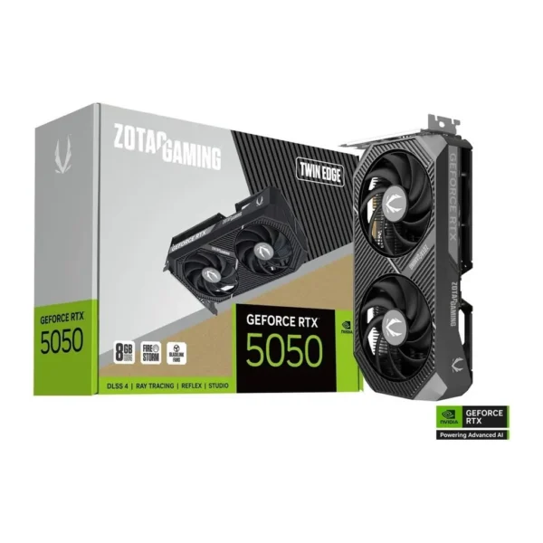 ZOTAC GAMING GeForce RTX 5050 Twin Edge 8GB Graphics Card, GDDR6 128-Bit Memory, 2572 MHz Engine Clock, 20 Gbps Memory Clock, 2560 CUDA Cores, PCI Express 5.0 x8 | ZT-B50500E-10M – Main image ZOTAC GAMING GeForce RTX 5050 Twin Edge 8GB Graphics Card, GDDR6 128-Bit Memory, 2572 MHz Engine Clock, 20 Gbps Memory Clock, 2560 CUDA Cores, PCI Express 5.0 x8 | ZT-B50500E-10M – Main image