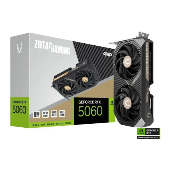 ZOTAC GAMING GeForce RTX 5060 AMP Graphics Card, 8GB GDDR7 128-Bit Memory, 2550MHz Engine Clock, 28 Gbps Memory Clock, 3840 CUDA Cores, PCI Express 5. – Main image ZOTAC GAMING GeForce RTX 5060 AMP Graphics Card, 8GB GDDR7 128-Bit Memory, 2550MHz Engine Clock, 28 Gbps Memory Clock, 3840 CUDA Cores, PCI Express 5. – Main image