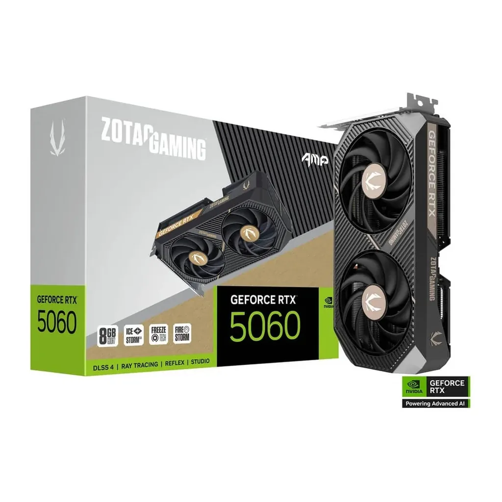 ZOTAC GAMING GeForce RTX 5060 AMP Graphics Card, 8GB GDDR7 128-Bit Memory, 2550MHz Engine Clock, 28 Gbps Memory Clock, 3840 CUDA Cores, PCI Express 5. – Main image ZOTAC GAMING GeForce RTX 5060 AMP Graphics Card, 8GB GDDR7 128-Bit Memory, 2550MHz Engine Clock, 28 Gbps Memory Clock, 3840 CUDA Cores, PCI Express 5. – Main image
