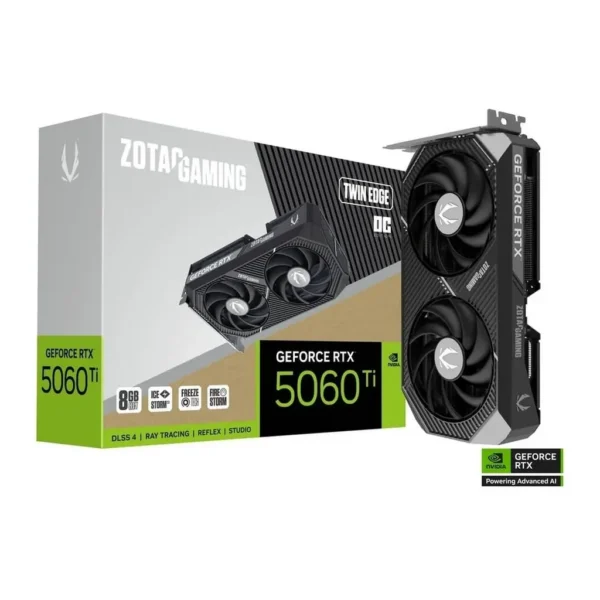 ZOTAC GAMING GeForce RTX 5060 Ti Twin Edge OC Graphics Card, 8GB GDDR7 128-Bit Memory, 2602 MHz Engine Clock, 28 Gbps Memory Clock, 4608 CUDA Cores, PCI Express 5.0 x8 | ZT-B50610H-10M – Main image ZOTAC GAMING GeForce RTX 5060 Ti Twin Edge OC Graphics Card, 8GB GDDR7 128-Bit Memory, 2602 MHz Engine Clock, 28 Gbps Memory Clock, 4608 CUDA Cores, PCI Express 5.0 x8 | ZT-B50610H-10M – Main image