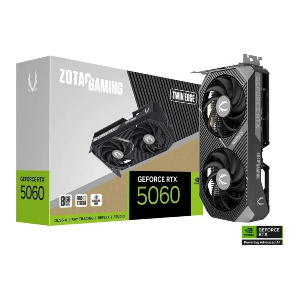 ZOTAC GAMING GeForce RTX 5060 Twin Edge 8GB Graphics Card, GDDR7 128-Bit Memory, 2497 MHz Engine Clock, 28 Gbps Memory Clock, 3840 CUDA Cores, PCI Express 5.0 x8 – Main image ZOTAC GAMING GeForce RTX 5060 Twin Edge 8GB Graphics Card, GDDR7 128-Bit Memory, 2497 MHz Engine Clock, 28 Gbps Memory Clock, 3840 CUDA Cores, PCI Express 5.0 x8 – Main image