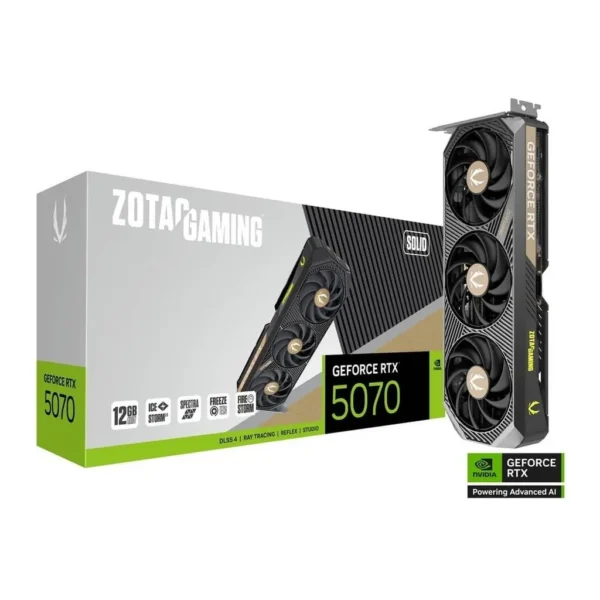 ZOTAC GAMING GeForce RTX 5070 SOLID Graphics Card, 12GB GDDR7 192-Bit Memory, 2512MHz Engine Clock, 28 Gbps Memory Clock, 6144 CUDA Cores, PCI Express 5.0 x16 | ZT-B50700D-10P – Main image ZOTAC GAMING GeForce RTX 5070 SOLID Graphics Card, 12GB GDDR7 192-Bit Memory, 2512MHz Engine Clock, 28 Gbps Memory Clock, 6144 CUDA Cores, PCI Express 5.0 x16 | ZT-B50700D-10P – Main image