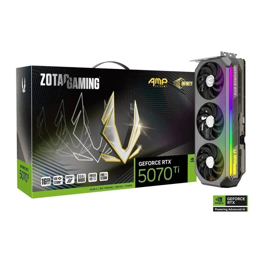 ZOTAC GAMING GeForce RTX 5070 Ti AMP Extreme INFINITY Graphics Card, 16GB GDDR7 256-Bit, 2512 MHz Engine Clock, 28 Gbps Memory Clock, 8960 CUDA Cores, – Main image ZOTAC GAMING GeForce RTX 5070 Ti AMP Extreme INFINITY Graphics Card, 16GB GDDR7 256-Bit, 2512 MHz Engine Clock, 28 Gbps Memory Clock, 8960 CUDA Cores, – Main image