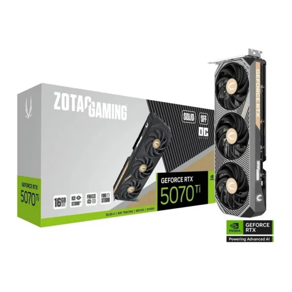 ZOTAC GAMING GeForce RTX 5070 Ti SOLID SFF OC Graphic Cards, 16GB GDDR7 256-Bit Memory, 2482 MHz Engine Clock, 28 Gbps Memory Clock, 8960 CUDA Cores, PCI Express 5.0 x16 | ZT-B50710J3-10P – Main image ZOTAC GAMING GeForce RTX 5070 Ti SOLID SFF OC Graphic Cards, 16GB GDDR7 256-Bit Memory, 2482 MHz Engine Clock, 28 Gbps Memory Clock, 8960 CUDA Cores, PCI Express 5.0 x16 | ZT-B50710J3-10P – Main image