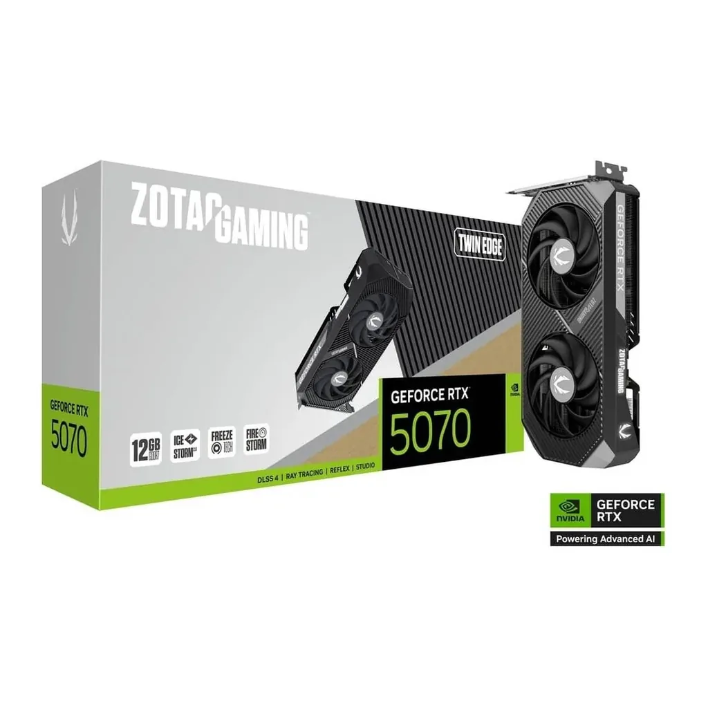 ZOTAC GAMING GeForce RTX 5070 Twin Edge Graphics Card, 12GB GDDR7 192-Bit Memory, 2512 MHz Engine Clock, 28 Gbps Memory Clock, 6144 CUDA Cores, PCI Ex – Main image ZOTAC GAMING GeForce RTX 5070 Twin Edge Graphics Card, 12GB GDDR7 192-Bit Memory, 2512 MHz Engine Clock, 28 Gbps Memory Clock, 6144 CUDA Cores, PCI Ex – Main image