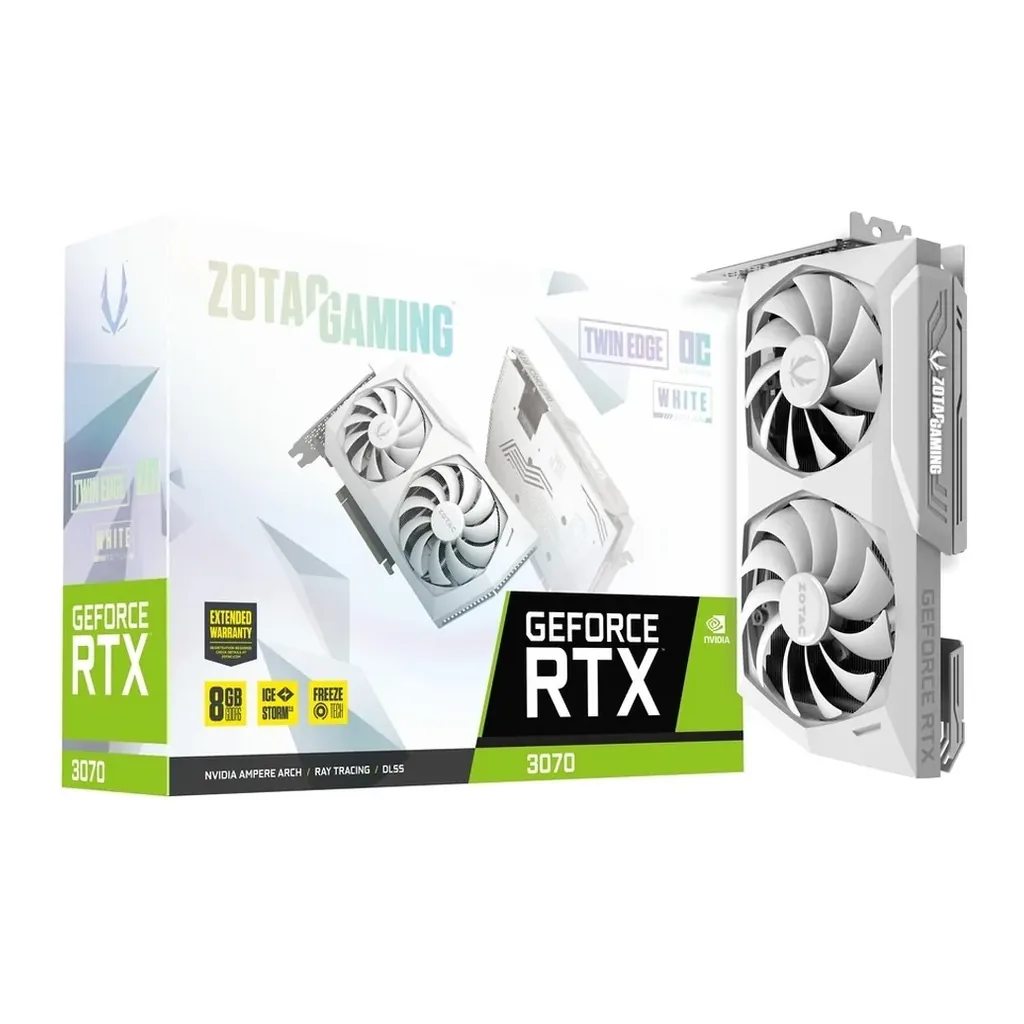 Zotac Nvidia GeForce RTX 3070 Gaming Twin Edge OC LHR White Edition Ampere 8GB GDDR6 Graphics Card, 256 Bit, PCIe 4.0 (x16), 3 x DisplayPort 1.4a, 1 x – Main image Zotac Nvidia GeForce RTX 3070 Gaming Twin Edge OC LHR White Edition Ampere 8GB GDDR6 Graphics Card, 256 Bit, PCIe 4.0 (x16), 3 x DisplayPort 1.4a, 1 x – Main image