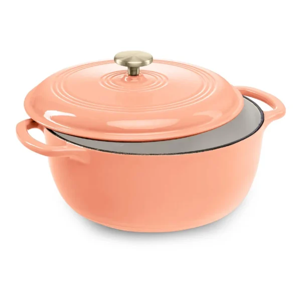 002a9577-875a-4bed-988a-4b5636da4224.jpg Best Choice Products - 6 Quart Cast-Iron Dutch Oven, Heavy-Duty Kitchenware w/ Enamel, Side Handles - Peach Sorbet