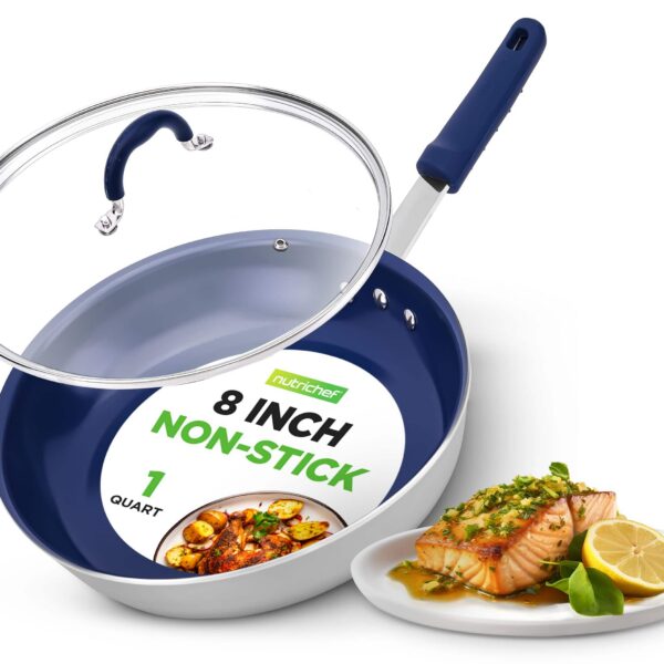 0234c654-b0e0-40d6-aa4a-f8b8d9a213a8.jpg NutriChef - 8" Fry Pan with Lid, Nonstick Skillet, Silicone Handle, Ceramic Coating, Stain-Resistant (NCFRLD8) - Silver exterior/Blue interior