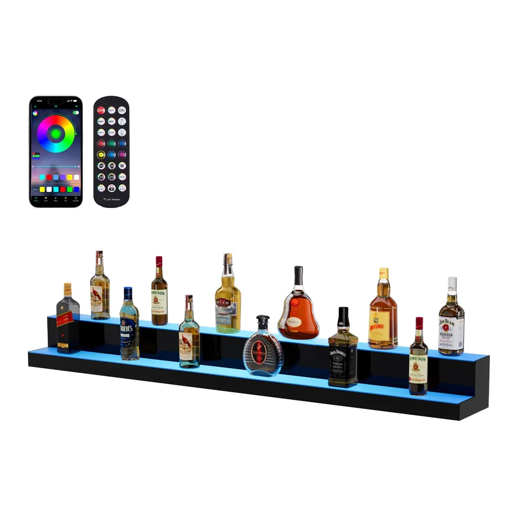 027c8d39-b877-43c7-9348-f2e00c3aff53.jpg VEVOR - LED Lighted Liquor Bottle Display, 2 Tiers 60 Inch Commercial Illuminated Home Bar Shelf, 2 Steps Whiskey Rack Stand - White/Black