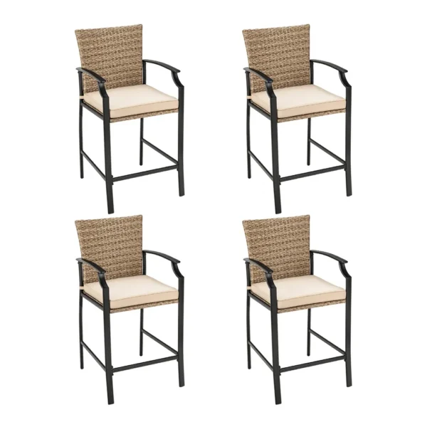 0515df5e-f06f-4f61-bf31-f62f43b7925f.jpg Costway - 4PCS Patio Rattan Bar Stool Chairs Cushioned Seat Footrest & Armrest - Brown,Beige,Black