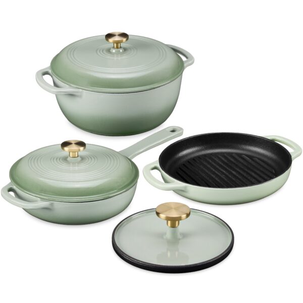 059e932c-0373-4710-a838-afd56c1b29a5.jpg Best Choice Products - 6-PC Cast Iron Cookware Set, 6Qt Dutch Oven, 2Qt Skillet W/Lid, 10" Grill Pan W/Press - Sage