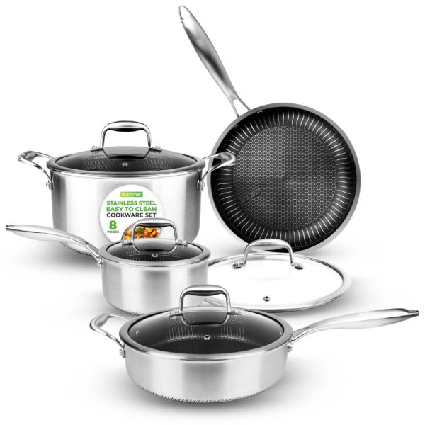 06d1dcf6-9199-419f-8b61-e16a83f42a0f.jpg NutriChef - 8-Piece Triply Cookware Set, Non-Stick Coating, Pots & Pans with Lids (NC3PLY8Z) - Stainless Steel