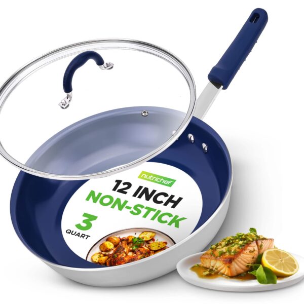 07ca1dda-e9ca-4e22-9be2-f901e2fe0f88.jpg NutriChef - 12" Fry Pan with Lid, Nonstick Ceramic Coating, Silicone Handle, Stain-Resistant, Easy to Clean (NCFRLD12) - Silver exterior/Blue interior