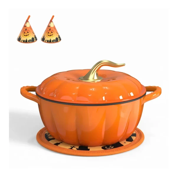 0bb2b407-1d40-4724-99f6-91c4f18982d6.jpg Winado - 7.5 QT Pumpkin Shaped Cast Iron Dutch Oven with Lid, Matching Halloween Fabric Pot Mat, Oven Mitts for Cooking, Braising - Orange & Gold