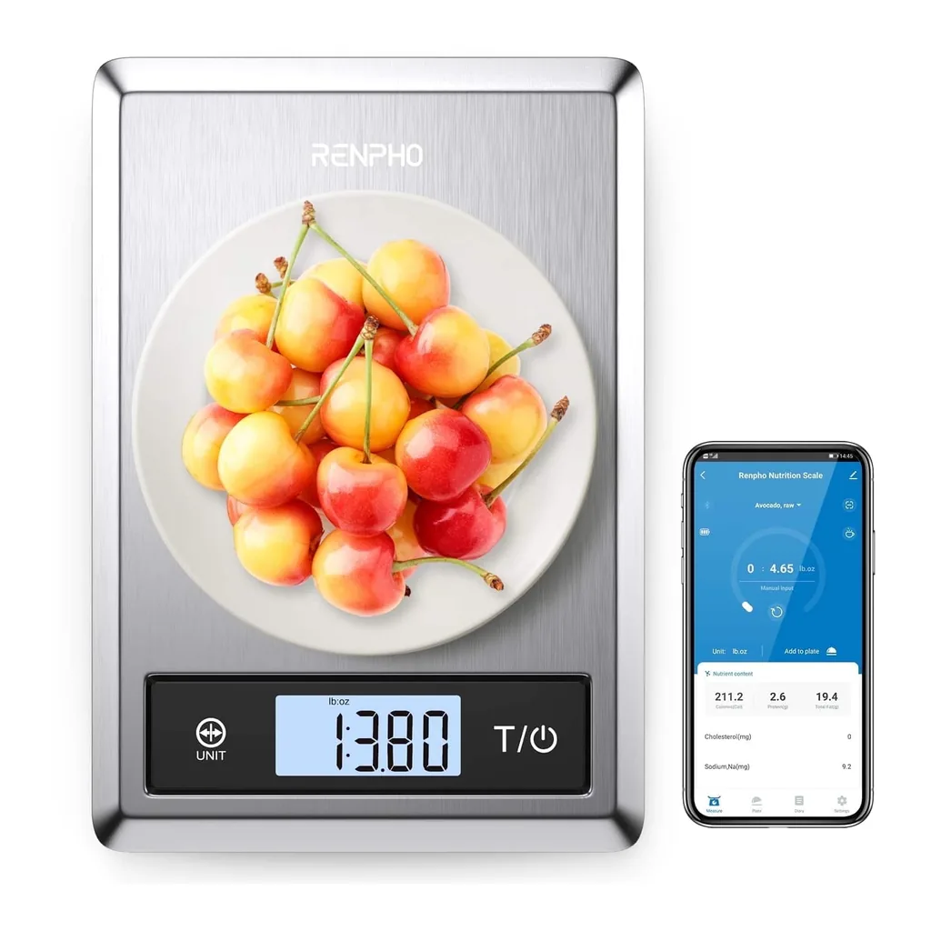 0bcb903f-a2a6-4a08-91d5-e8ac9631d8f3.jpg Renpho - Digital Food Scale with Nutritional Calculator, Smart Food Kitchen Scale, Food Weight Scale Grams and Ounces - Silver