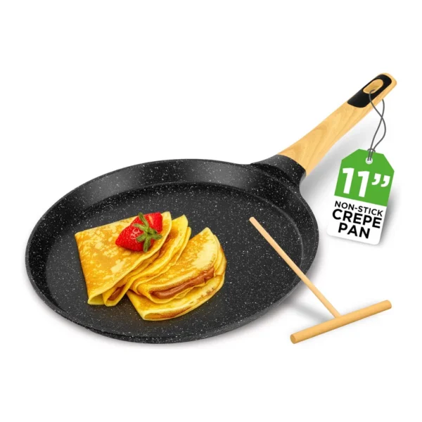 0bff4d35-10aa-4645-919f-cfddb0b85334.jpg NutriChef - 11” Non-Stick Crepe Pan, Marble Coated, Wooden Spreader, Induction Bottom, Dishwasher Safe (NCMKCP002411BK) - Black