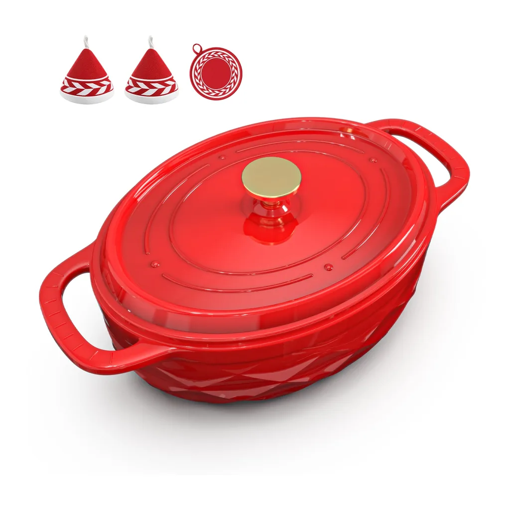 0c16b3e8-db4b-426a-8995-95eb1241ed03.jpg Winado - 7.5 QT Oval Enameled Cast Iron Dutch Oven Pot with Diamond Texture & Self-Basting Lid & Heat Resistant Mitts & Pot Mat - Red