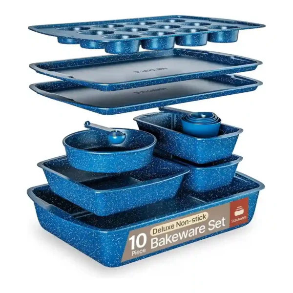 0c2db451-8b93-47fa-8e63-05242d10c6ab.jpg Bakken- Swiss - 10-Piece Nonstick Carbon Steel Bakeware Set, Oven Safe to 450°F, Stackable, Dishwasher & Toxin Free - Blue Marble